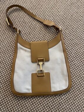 Authentic Gucci Two-Tone Canvas Shoulder Bag in Tan and White